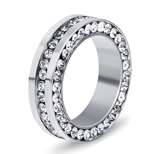 Eternity band ring in silver stainless steel with triple row pavé set white crystals