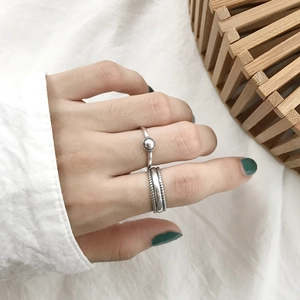 925 Sterling Silver Open Ring Geometric Semi Circular Ball Bead Adjustable Minimalist Retro Jewelry For Women