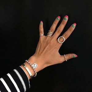 Minimalist S925 sterling silver geometric open rings and smiley face bead bracelet set