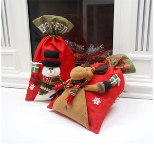 Detail of Christmas gift bags featuring 3D snowman and reindeer with Merry Christmas text