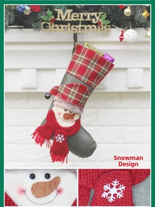 Detail of grey snowman Christmas stocking with red plaid cuff and white snowflake scarf