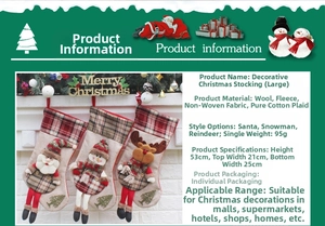 Detail showing oversized Santa, snowman and reindeer Christmas stockings with dimensions