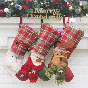 Large Christmas Stocking With 3D Santa Snowman Reindeer Gingham Plaid Cuff Hanging Gift Bag For Tree Fireplace Decoration