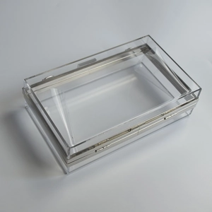 Detailed macro shot of transparent acrylic evening bag with polished silver metal trim