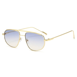 Classic double bridge metal aviator sunglasses with blue and yellow gradient lenses