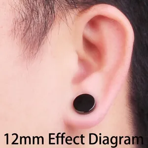 Black titanium steel barbell stud earring in 12mm size shown on ear for realistic fit