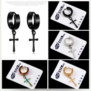 Detailed view of stainless steel cross hoop earrings in black, silver, gold and rainbow