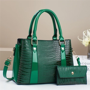 Deep green crocodile pattern tote bag set with matching wallet and adjustable strap