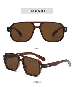 Detail view of retro double bridge tea brown square aviator sunglasses for men