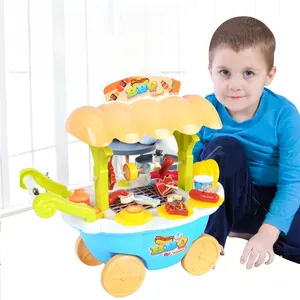 Chariot de jeu barbecue pour enfants avec aliments factices et toit jaune vif