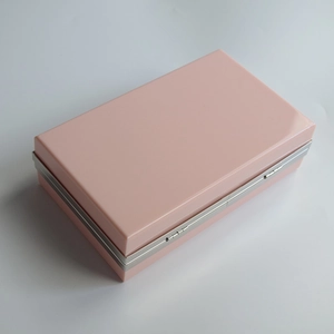 Detailed view of pink acrylic evening clutch box with silver metal frame and hinge
