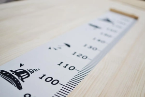 Close-up of canvas height chart with 100-130cm scale and black cartoon car graphics