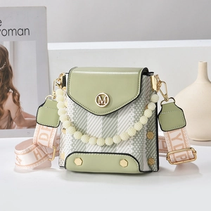 Green and white plaid square handbag with golden M logo and pearl handle for women