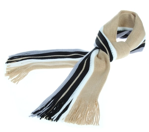 Detail of soft striped knit scarf with elegant fringe in beige, black, white, and grey