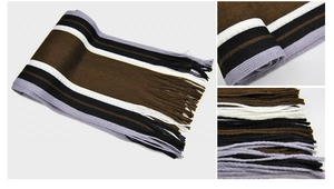 Detailed knit texture and fringe of a striped men's winter scarf in brown and black