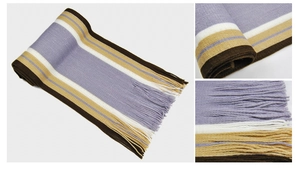 Detail of soft striped scarf with fringes showing thick woven fabric and purple stripes