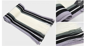Macro detail of knit texture and fringe on striped winter scarf for men in grey and black