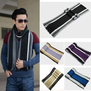 Men's winter striped knit scarf with fringes, showing various color combinations