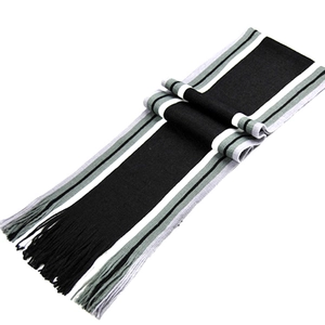 Knit men's winter scarf with black, white and grey stripes and classic fringed edges
