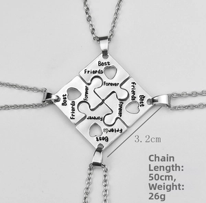Close-up of Best Friends Forever puzzle heart necklaces with 3.2cm square pendant