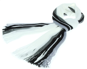 Close-up of thick knitted men's scarf with black, white and grey stripes and tassels