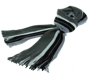 Close-up of thick knitted striped scarf for men featuring grey and black fringe tassels