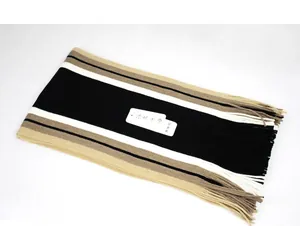 Detail of 170g thick striped winter scarf with fringe in black white and khaki tones