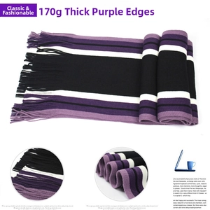 Close-up of 170g thick winter scarf showing purple and black striped knit texture and fringe