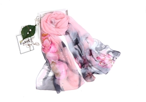 Detailed view of lightweight lotus print silk scarf with elegant pearls and gift box