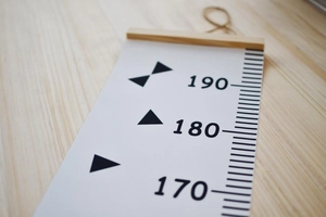 Close-up of a Nordic canvas growth chart featuring black scale markings and wood hanger