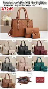 Quilted 3-piece bag set with dimensions including tote, pouch, and card holder details