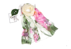 Detailed view of lightweight lotus print silk scarf with pearls and fashion card