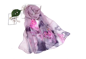 Detailed close-up of violet floral summer scarf with premium sheer texture and pearl accents