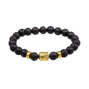 8mm black lava stone bead bracelet featuring a golden Buddha head charm on white background