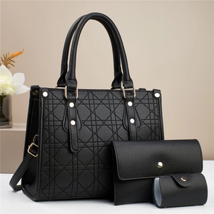 Black leather quilted tote handbag set for women with three pieces and gold hardware