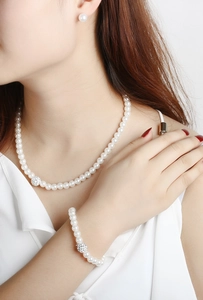 Détail de parure bijoux perles blanches avec boules serties de cristaux sur collier et bracelet