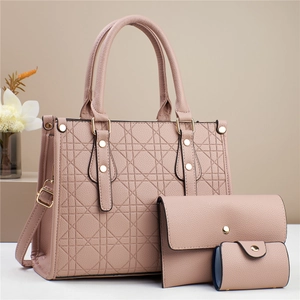 Dusty pink 3-in-1 handbag set featuring quilted geometric pattern and golden hardware