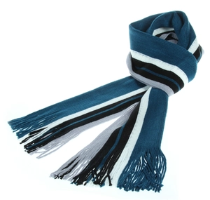 Thick winter scarf for men with blue, black, and white stripes and tassel ends