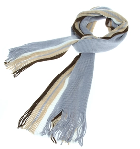 Close-up of striped knit scarf with tassels in grey blue beige and brown tones