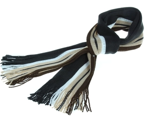 Close-up of thick striped winter scarf featuring classic fringe and soft knit texture