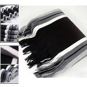 Thickened men's winter scarf with black, white, and grey stripes and classic tassel trim
