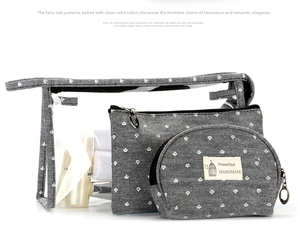 Three-piece clear travel toiletry bag set with grey polka dot trim and zip pouches