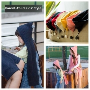 Knitted hooded scarf with pom-pom detail for adults and children in various colors
