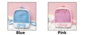 Detail view of Japanese style bow backpacks with transparent windows in blue and pink colors