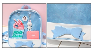 Detail of light blue Japanese ita bag featuring bow tie and sparkly glitter texture
