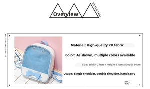 Detailed view of blue and white PU school bag with transparent window and bow decoration