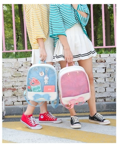 Close-up of Japanese style bow backpack with transparent front pocket in blue and pink