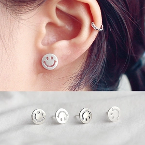 925 Sterling Silver Smiley Face Stud Earrings Simple Round Hollow Korean Style Minimalist Jewelry For Women