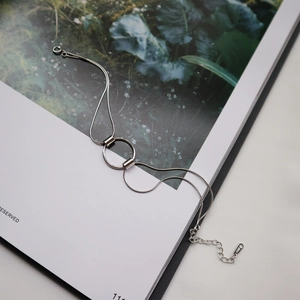 Minimalist S925 sterling silver double layer snake chain bracelet with round ring charm