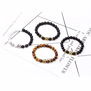 Men's 8mm volcanic stone, tiger eye, and marble bead bracelet set with metal Buddha heads